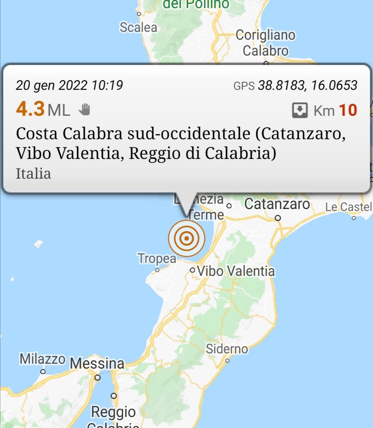 Terremoto Calabria 4.3 20 gennaio 2022