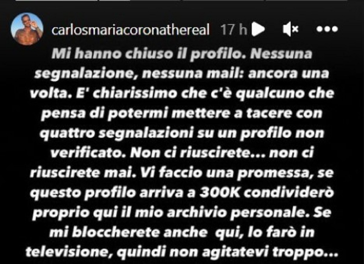 Fabrizio Corona torna sui social. Lo sfogo dal profilo del figlio Carlos Maria