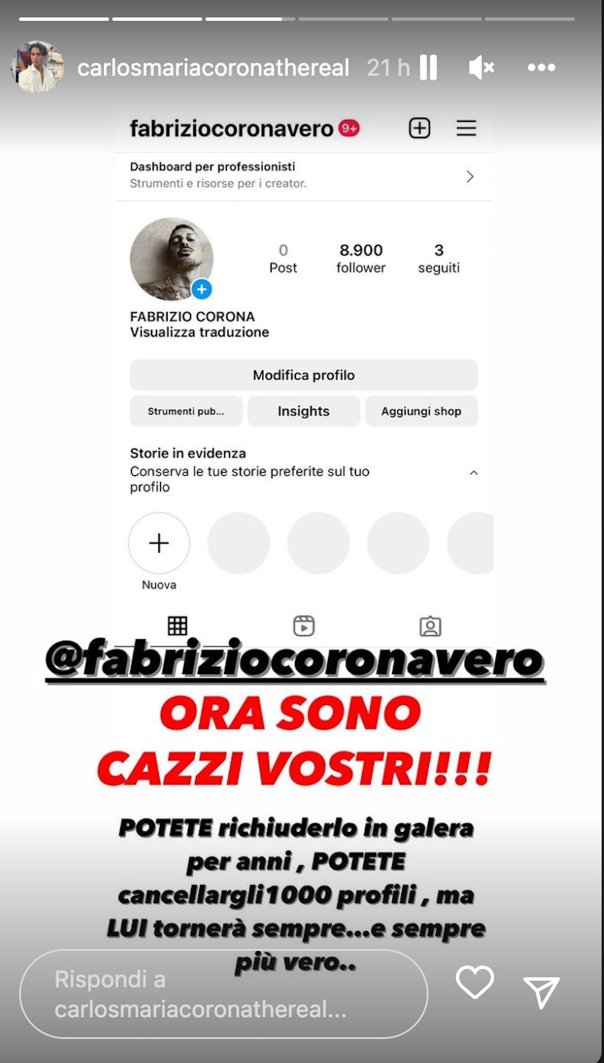 fabrizio corona instagram tornato nuovo profilo