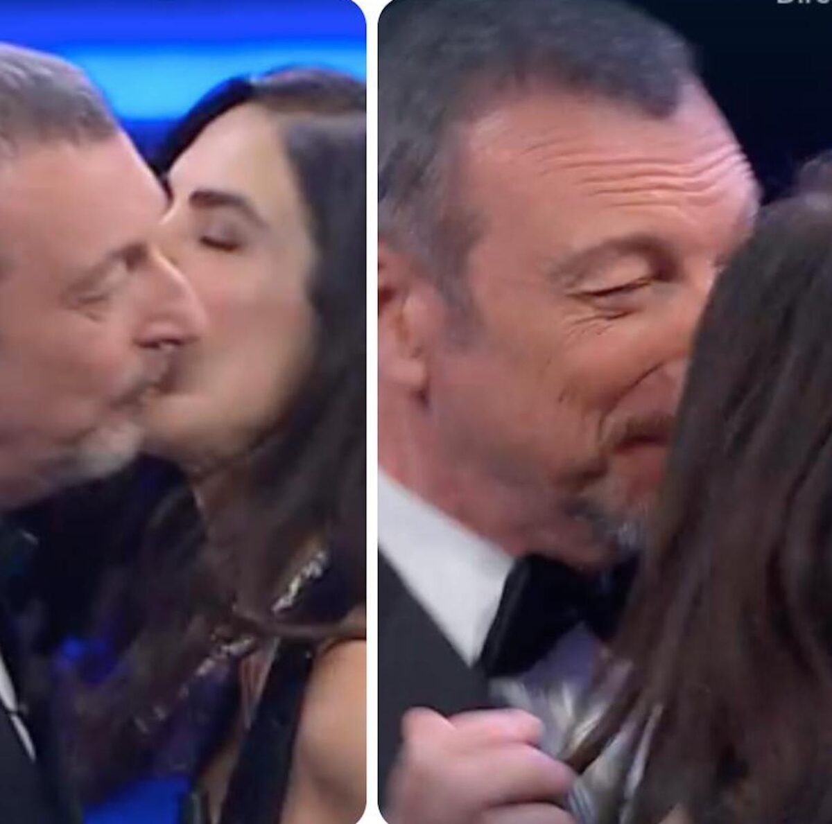 Bacio tra Amadeus e Rocio Morales al Festival di Sanremo 2023