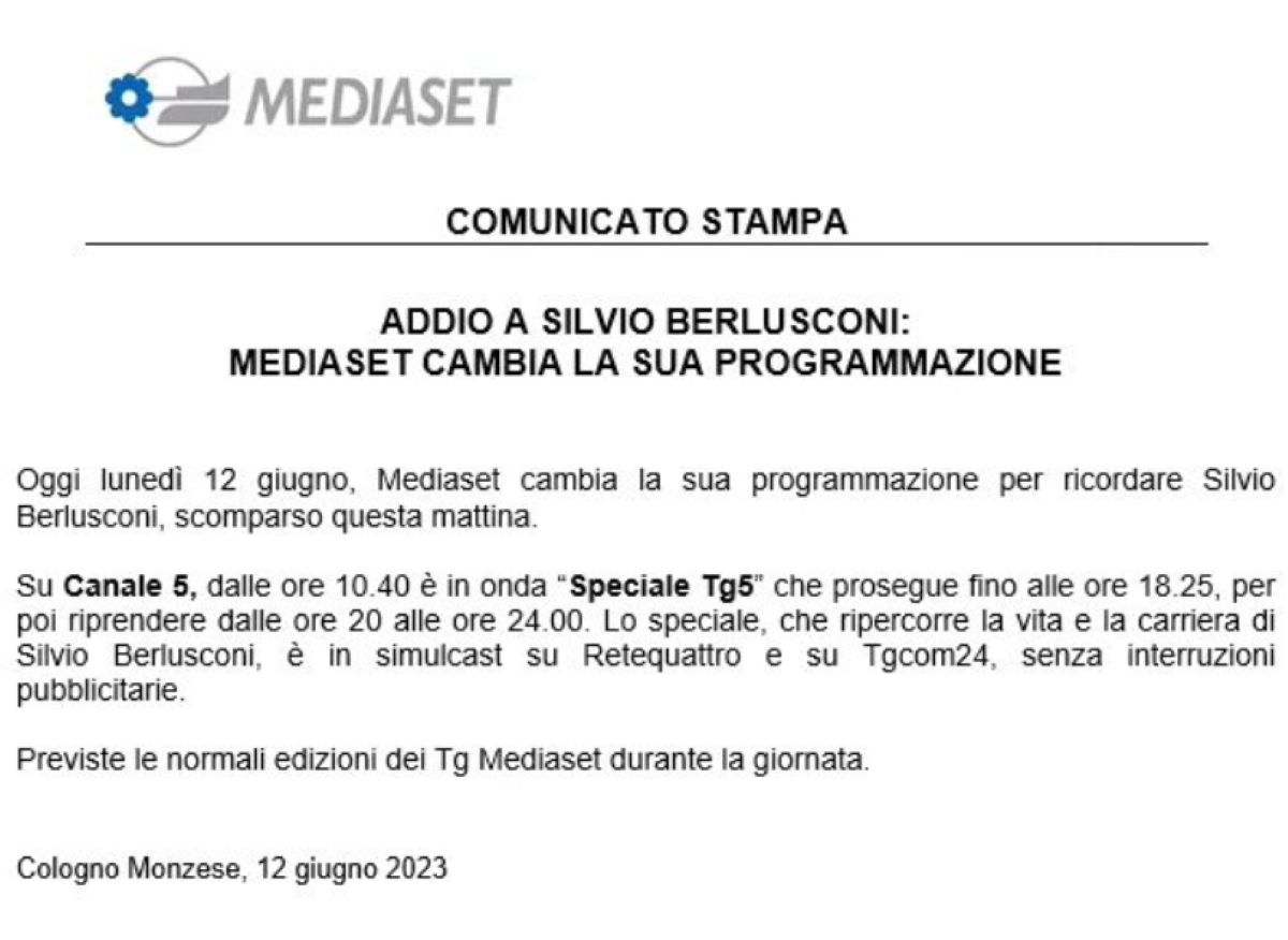 Morte Silvio Berlusconi Mediaset