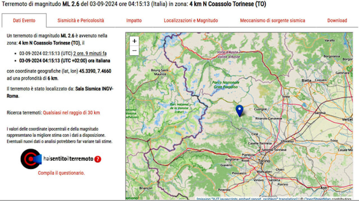 terremoto piemonte 3 settembre 2024