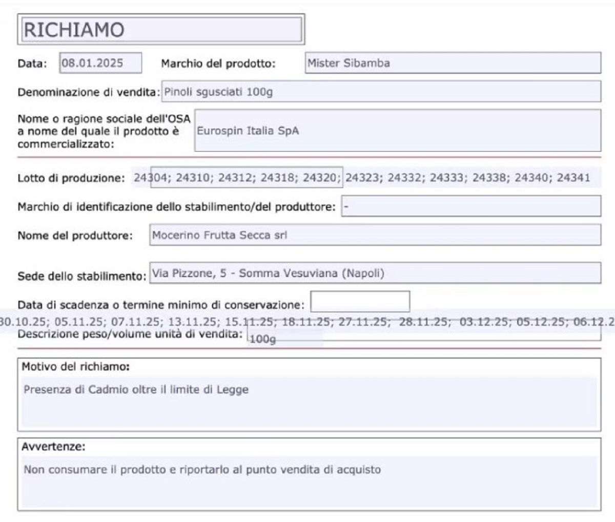 Eurospin prodotti alimentari ritirati dal mercato 